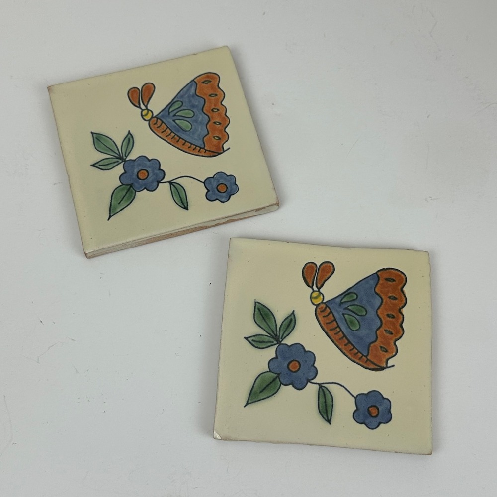 Vintage Mexican Talavera Tile Coasters Hand Painted Butterfly Floral Set of 2